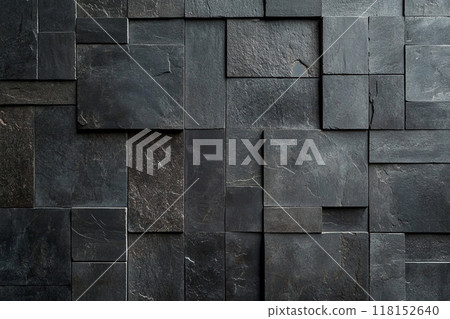 Dark gray slate wall cladding background, the texture of a natural stone panel for interior or exterior decoration. Dark gray slate wall cladding background, the texture of a natural stone panel for interior or exterior decoration. 118152640