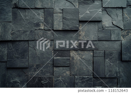 Dark gray slate wall cladding background, the texture of a natural stone panel for interior or exterior decoration. 118152643