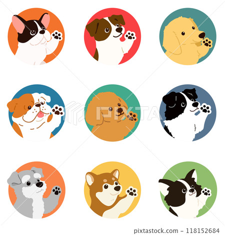 Simple and cute dog waving round icon illustration set 118152684