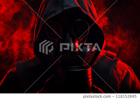 A person wearing a gas mask with a red light, in a horror-style setting with a dark background. 118152695