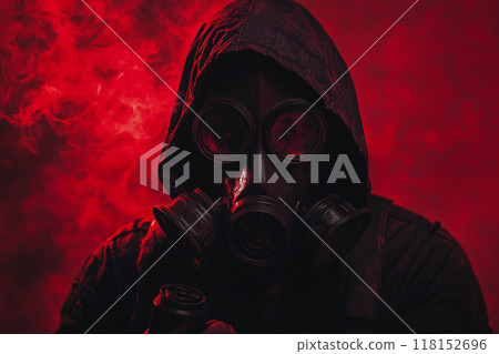 A person wearing a gas mask with a red light, in a horror-style setting with a dark background. A person wearing a gas mask with a red light, in a horror-style setting with a dark background. 118152696