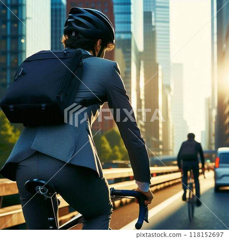 A man commuting to work by bicycle A man commuting to work by bicycle 118152697