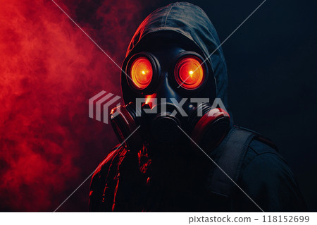 A person wearing a gas mask with a red light, in a horror-style setting with a dark background. 118152699