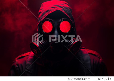 A person wearing a gas mask with a red light, in a horror-style setting with a dark background. 118152713