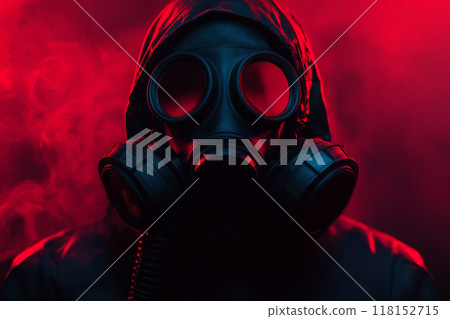 A person wearing a gas mask with a red light, in a horror-style setting with a dark background. 118152715