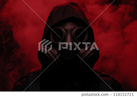 A person wearing a gas mask with a red light, in a horror-style setting with a dark background. 118152721