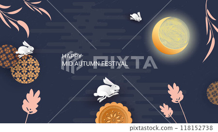 Trendy mid autumn festival design with full moon, cute bunnies, lines on dark blue background. Traditional patterns. Translation from Chinese - Mid-Autumn Festival. 118152738