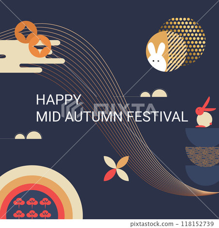 Geometric style mid autumn festival poster, greeting card, cover, background, banner. Light background.Stylized rabbit.Chinese translation Mid-Autumn. Vector 118152739