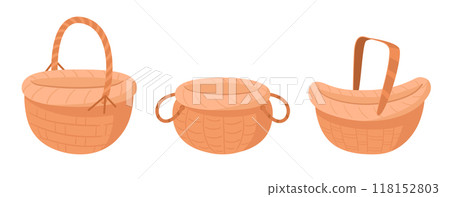 Cartoon wicker baskets. Braided picnic handle baskets, wooden picnic empty hampers flat vector illustration set. Food storage baskets Cartoon wicker baskets. Braided picnic handle baskets, wooden picnic empty hampers flat vector illustration set. Food storage baskets 118152803