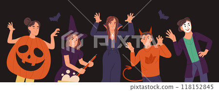 Spooky Halloween characters. People wearing Halloween masquerade costumes flat vector illustration. Scary trick or treat carnival party poster 118152845