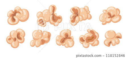 Tasty popping corn. Cartoon popcorn with salty or sweet flavour, movie watching crunchy snack flat vector illustration set. Popcorn snack 118152846