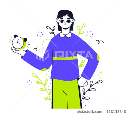 Woman work schedule planning. Business woman planning productive work schedule flat vector illustration. Work schedule organizing Woman work schedule planning. Business woman planning productive work schedule flat vector illustration. Work schedule organizing 118152848