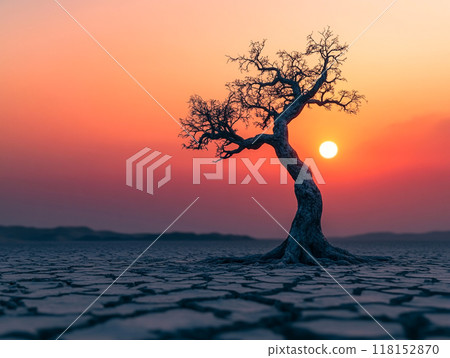 A lone tree stands in the middle of cracked earth, with an ominous sky and sunset behind it. The ground is dry and lifeless, symbolizing desolation due to environmental degradation or global warming.  A lone tree stands in the middle of cracked earth, with an ominous sky and sunset behind it. The ground is dry and lifeless, symbolizing desolation due to environmental degradation or global warming.  118152870