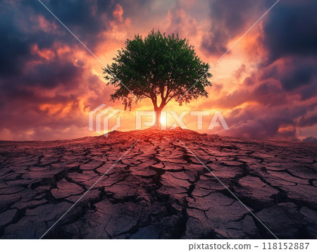 A lone tree stands in the middle of cracked earth, with an ominous sky and sunset behind it. The ground is dry and lifeless, symbolizing desolation due to environmental degradation or global warming.  118152887