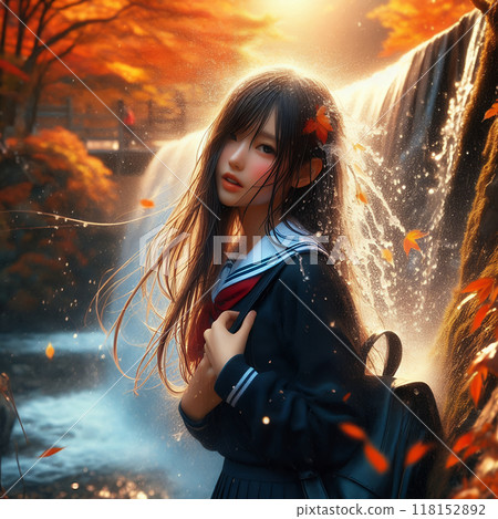 有秋葉和滴水的高中女孩 有秋葉和滴水的高中女孩 118152892