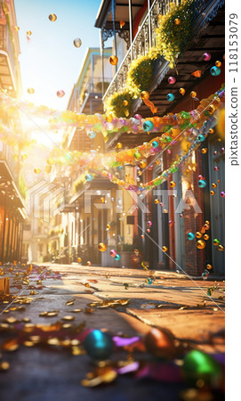Confetti and Mardi Gras carnival decorations city street festival background Confetti and Mardi Gras carnival decorations city street festival background 118153079