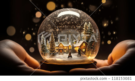 Magical Christmas scene young girl holding winter snow globe, sparkling lights Magical Christmas scene young girl holding winter snow globe, sparkling lights 118153081