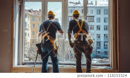 Two construction workers in safety gear installing a large window in a residential building, viewed from behind with cityscape in background 118153324