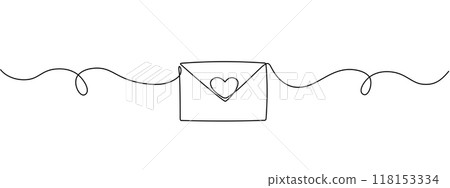 Single continuous line drawing of paper envelope with heart. Valentine's Day. Love letter, template for cards and invitations. Vector editable illustration. 118153334