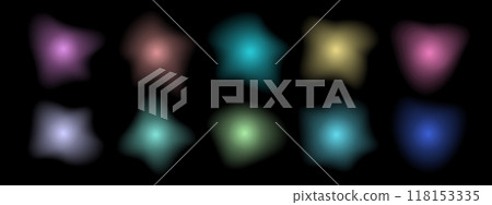 Set of gradients with blurring abstract shapes. Collection of futuristic glowing, neon colored with aura shapes for website design. Vector illustration on black background. 118153335