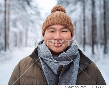 Winter Portrait of Happy Handsome Man Smiling Outdoors 118153358