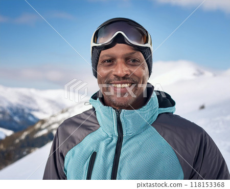 Winter Portrait of Happy Handsome Man Smiling Outdoors 118153368