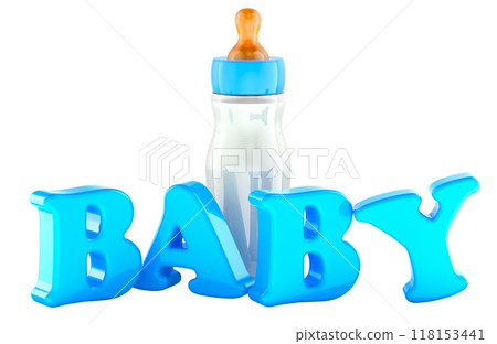 Baby bottle with BABY blue inscription, 3D rendering Baby bottle with BABY blue inscription, 3D rendering 118153441