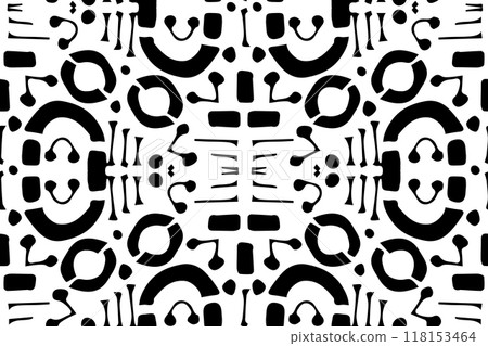 Fantastic hieroglyphics black white seamless pattern on white background. Vector alien or Mexican repeat swatch backdrop, fabric print 118153464