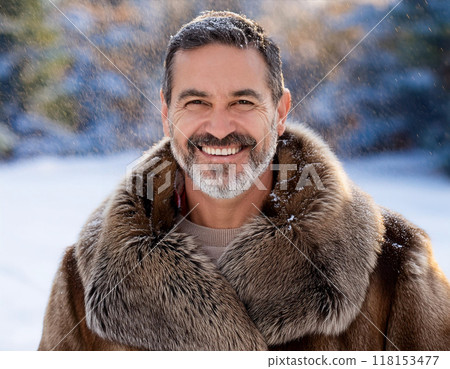 Winter Portrait of Happy Handsome Man Smiling Outdoors Winter Portrait of Happy Handsome Man Smiling Outdoors 118153477