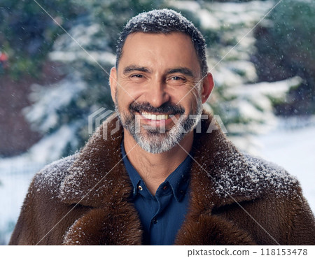 Winter Portrait of Happy Handsome Man Smiling Outdoors 118153478