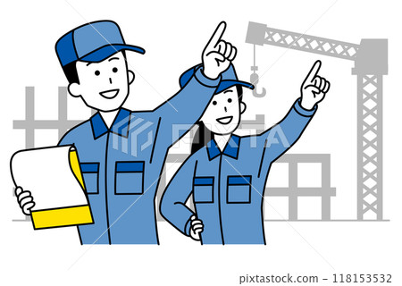 建築工地上，一男一女穿著工作服一邊查看材料一邊給予指示。 118153532