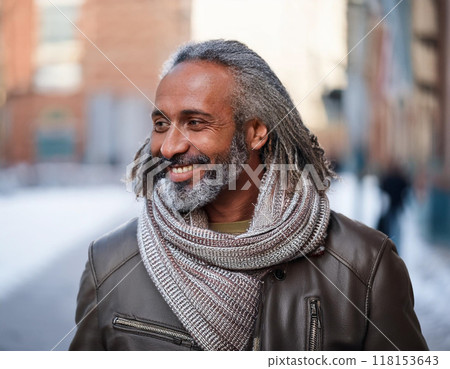 Winter Portrait of Happy Handsome Man Smiling Outdoors 118153643