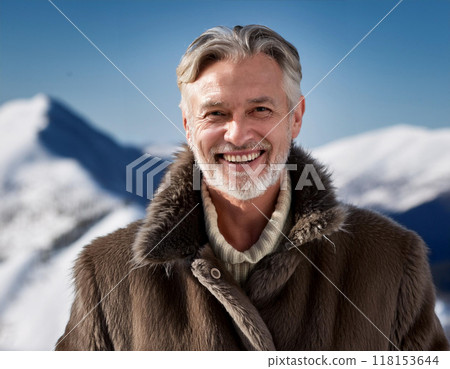 Winter Portrait of Happy Handsome Man Smiling Outdoors 118153644