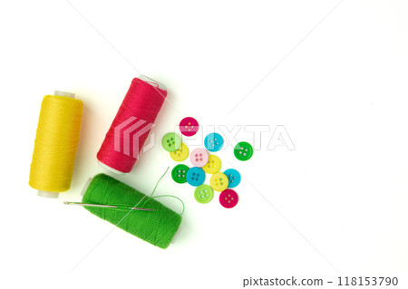 colorful buttons and thread isolated on white background 118153790