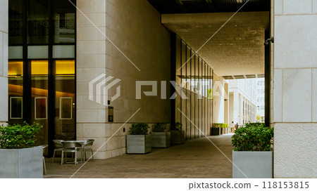 Apartment residential house and home facade architecture and outdoor facilities. Blue sky on the background. Sunlight in sunrise. High quality photo 118153815