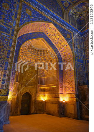 Entrance portal of the Tillya-Kari Madrasah of the XV century in Registan in Samarkand, Uzbekistan Entrance portal of the Tillya-Kari Madrasah of the XV century in Registan in Samarkand, Uzbekistan 118153846
