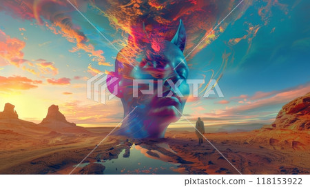 This captivating scene showcases a giant, ethereal head rising from the desert floor This captivating scene showcases a giant, ethereal head rising from the desert floor 118153922