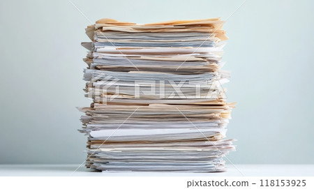 A large pile of assorted papers sits on a clean, light-colored surface A large pile of assorted papers sits on a clean, light-colored surface 118153925