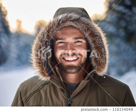 Winter Portrait of Happy Handsome Man Smiling Outdoors 118154049