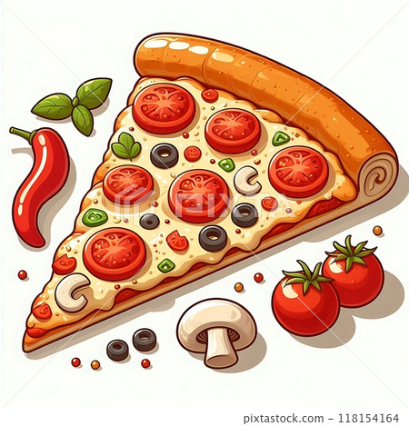 Pizza slice, cartoon flat style illustration, food, white background  118154164