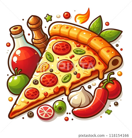 Pizza slice, cartoon flat style illustration, food, white background  118154166