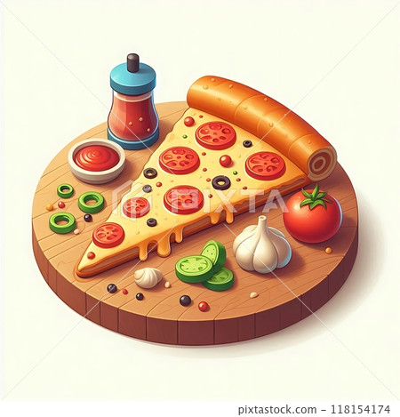 Pizza slice, cartoon flat style illustration, food, white background  118154174