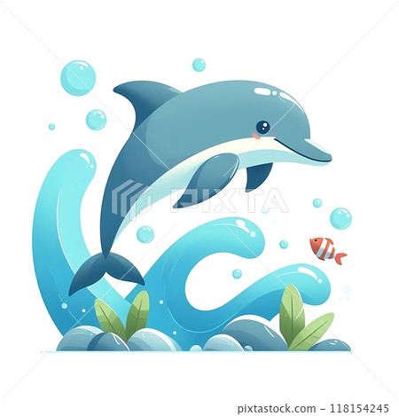 Cute happy dolphin cartoon flat style illustration., character, white background animal 118154245