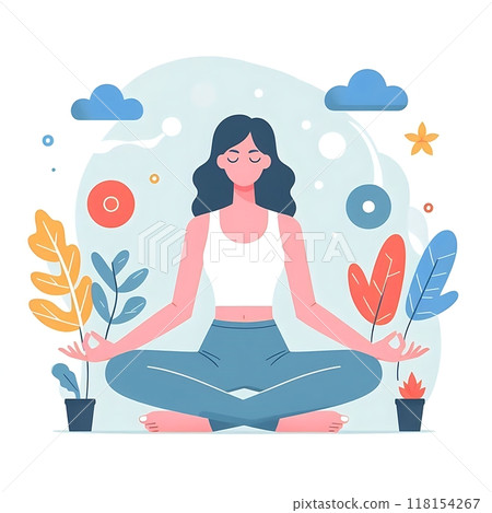 Young woman meditate flat style illustration, leaves on background, white background, isolated, pastel colors 118154267