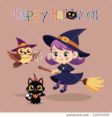 Cute little witche riding a broom with black cat and owl in Halloween costume, Happy Halloween, vector illustration. Cute little witche riding a broom with black cat and owl in Halloween costume, Happy Halloween, vector illustration. 118154330