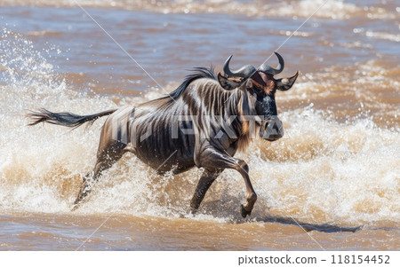 A powerful wildebeest charges through turbulent waters, kicking up spray as it navigates a river crossing during the dramatic annual migration in Africa 118154452