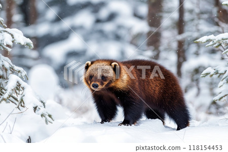 A stocky wolverine with thick brown fur traverses a snowy landscape, its keen eyes alert as it moves through a wintry forest dotted with snow-covered pine trees 118154453