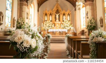 Beautifully decorated church interior with white floral arrangements and candles, ready for a romantic wedding ceremony 118154454