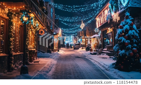 Magical winter scene of a snow covered street adorned with festive lights and decorations, capturing the charm of a small town during the holiday season 118154478