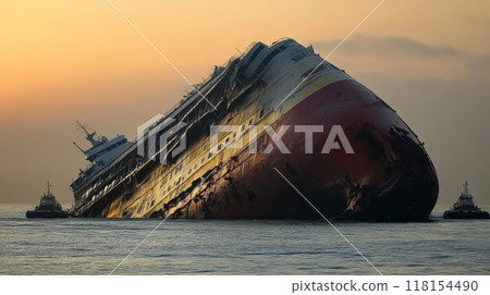 Massive cruise ship lying on its side in the ocean at sunset, with tugboats nearby, depicting a maritime disaster and salvage operation Massive cruise ship lying on its side in the ocean at sunset, with tugboats nearby, depicting a maritime disaster and salvage operation 118154490
